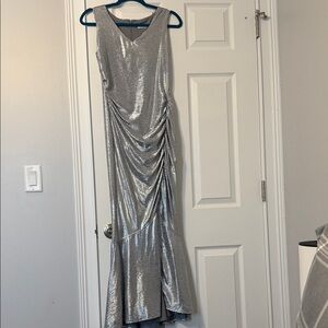 Calvin Klein Silver Metallic Ruched V-Neck Gown